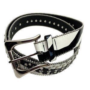 Guess Rhinestone Embellished Studded Zebra Print Belt With Silver Buckle & Beade